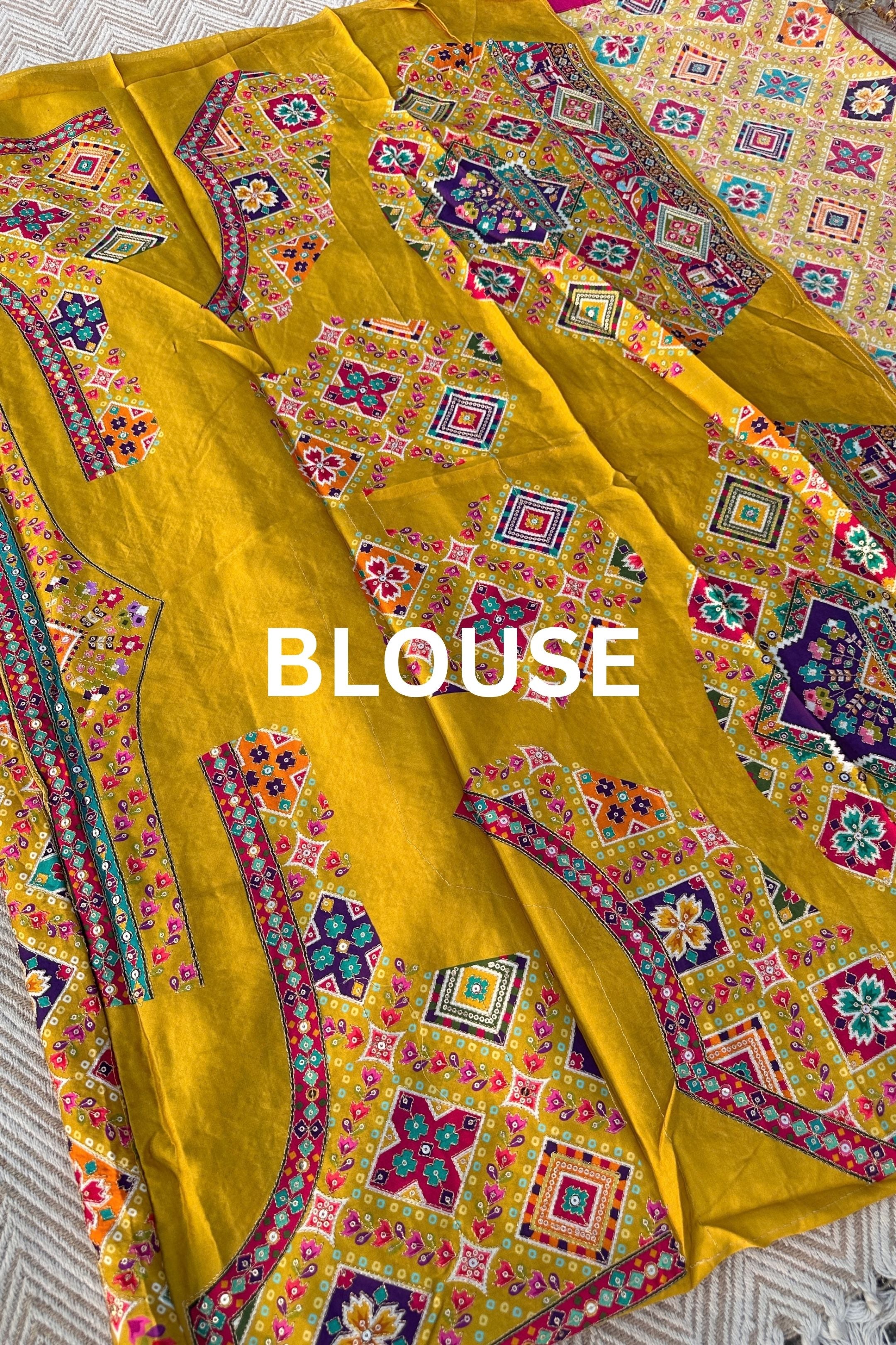 Mustard Satin Unstitched Saree Embellished With Zari, Sequins & Jaipuri Print Work
